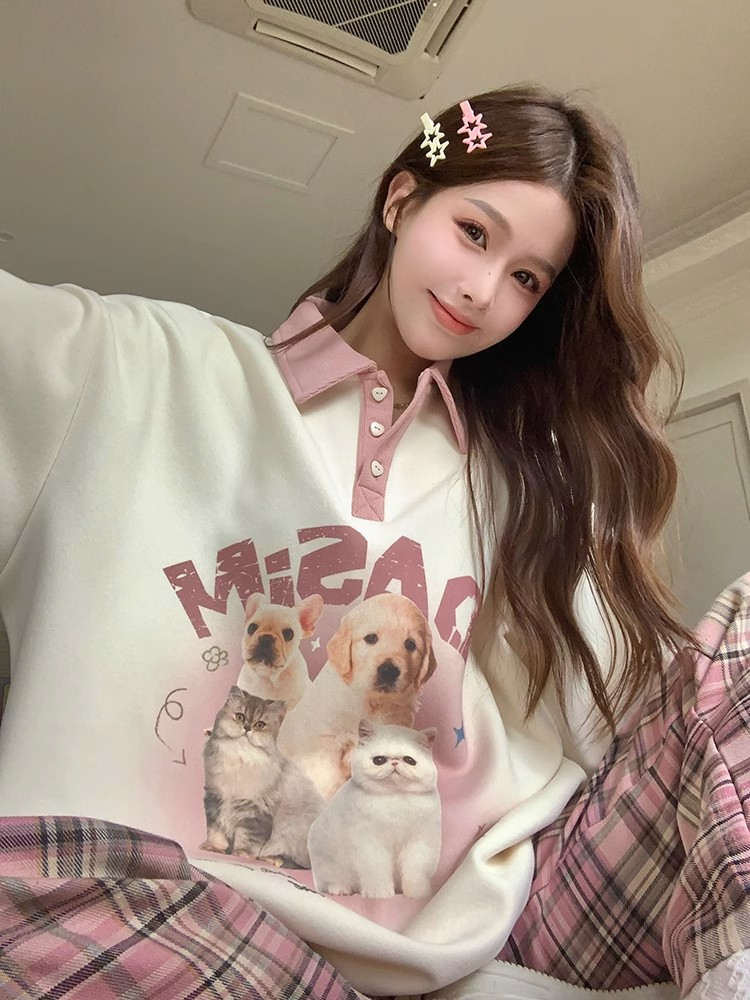polo領長袖衛衣女秋季2023新款學院風卡通印花寬鬆中長款撞色上衣