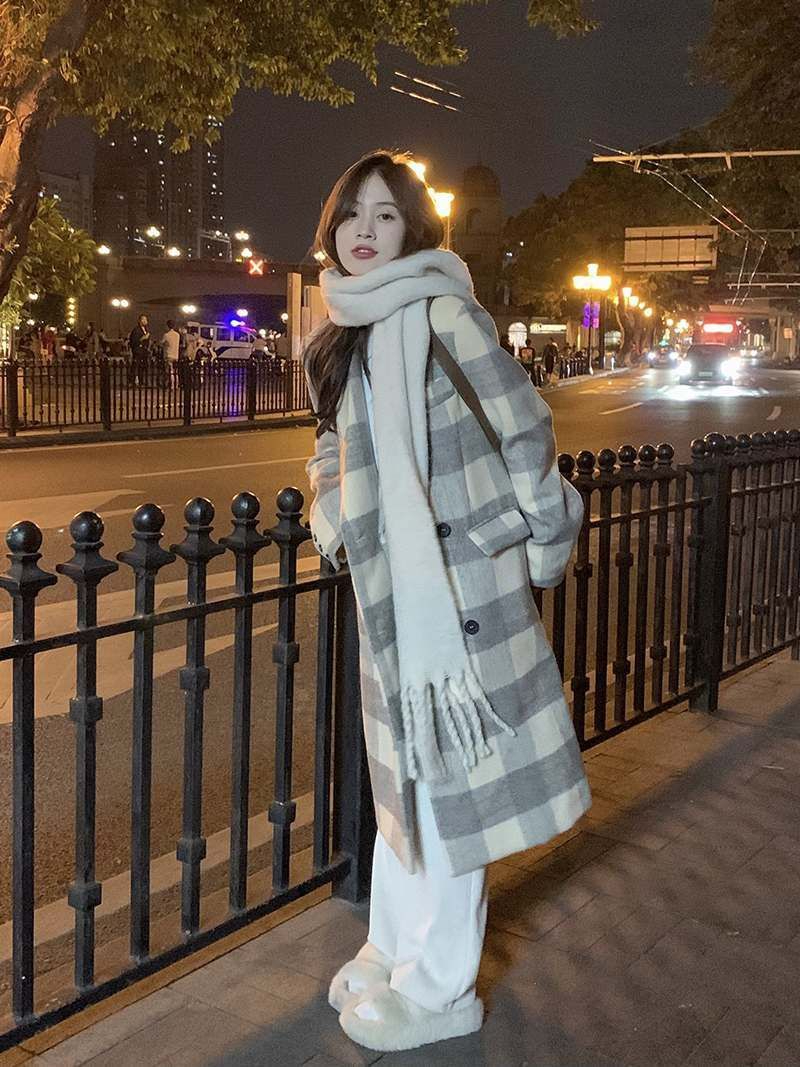 韓版格子毛呢外套女2023新款秋冬季中長款休閒氣質赫本風呢子大衣