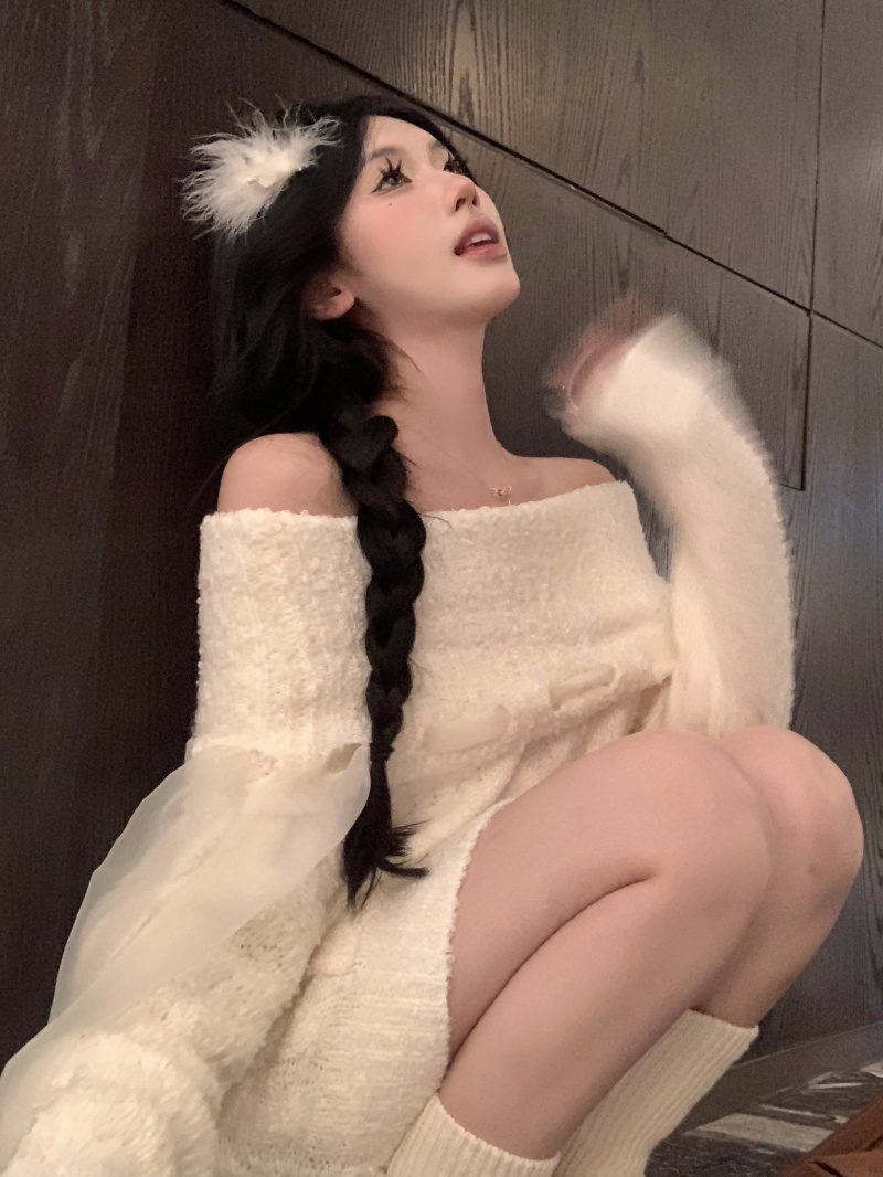 實拍 月下白茶 寬鬆純欲高領毛衣女飄帶蝴蝶結針織衫