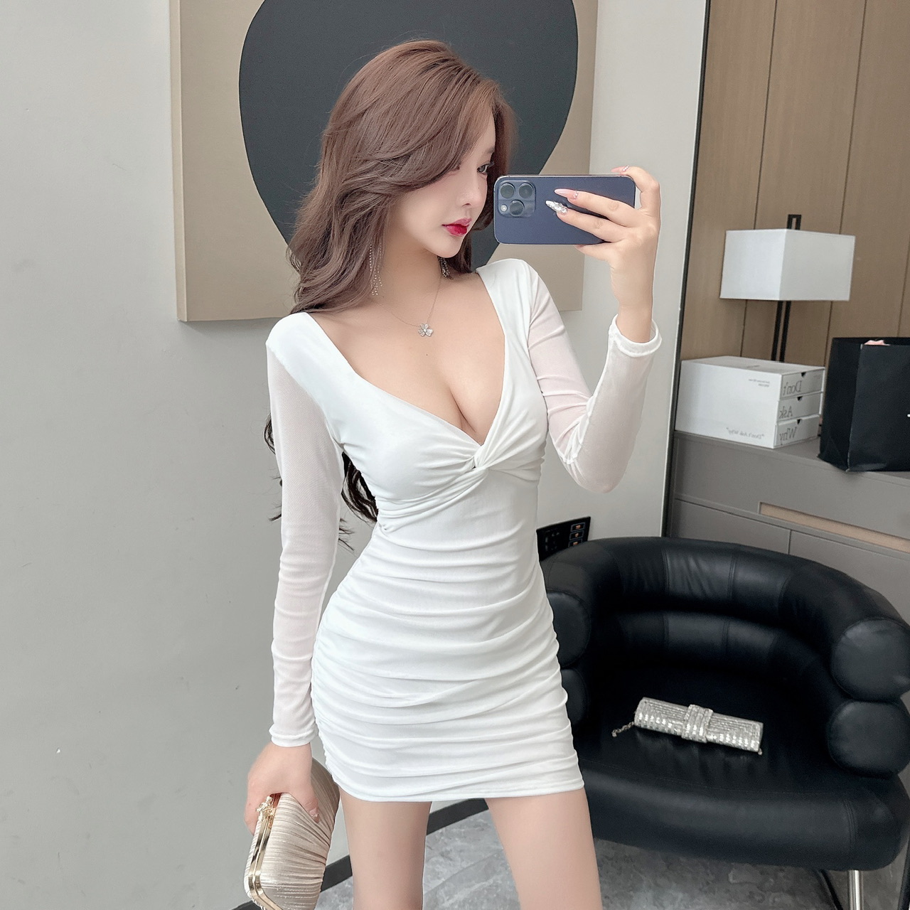 Real shot of the new autumn and winter sexy stretch mesh v-neck low-cut long-sleeved butt-covering pure lust bottoming dress
