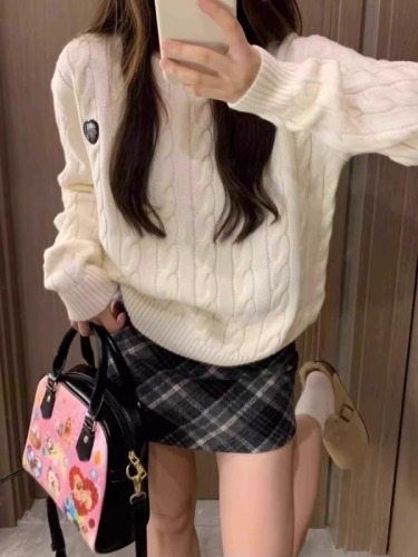 Cashmere #Round Neck Ribbed Sweater for Women Autumn/Winter Loose Slouchy Embroidered Knit Outerwear Soft and Fitting