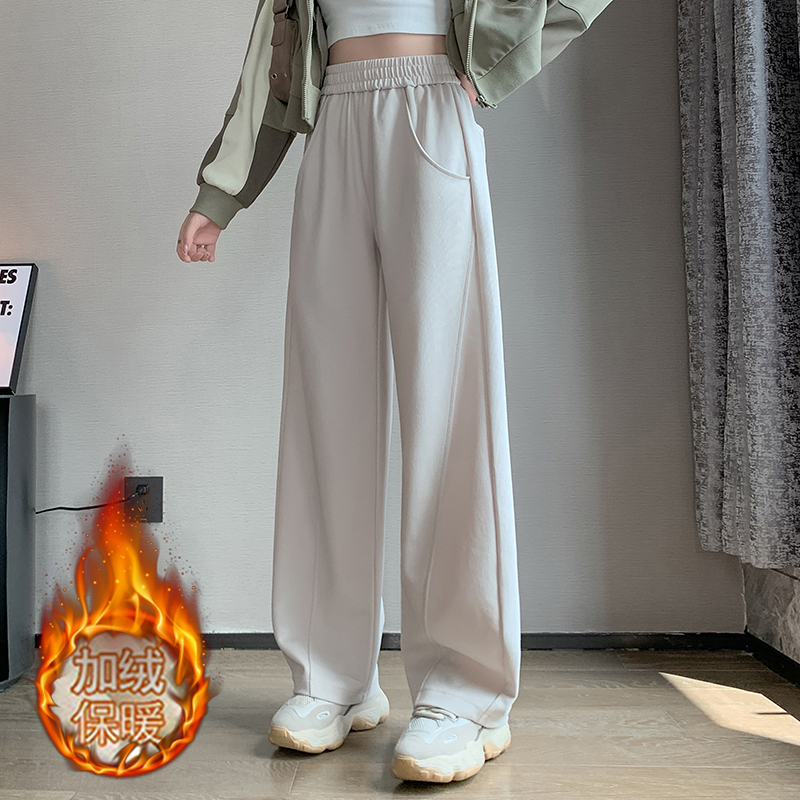 實拍 純棉華棉複合運動褲女秋冬季新款休閒加絨加厚闊腿褲衛褲潮