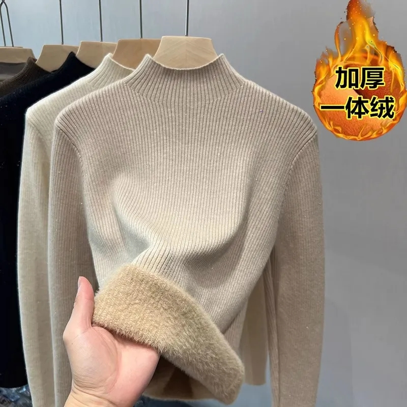 天貓品質加絨毛衣女加厚一體絨修身內搭半高領套頭打底針織衫