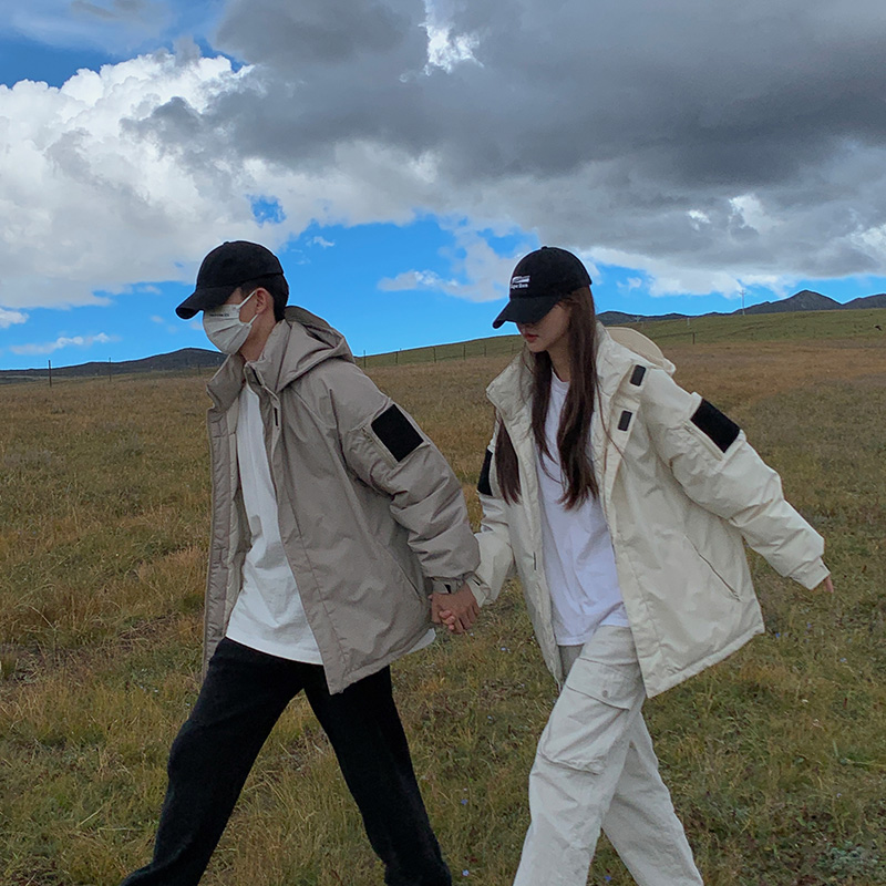 實拍羽絨棉服女韓版新款設計感撞色衝鋒衣寬鬆大碼棉衣情侶裝外套