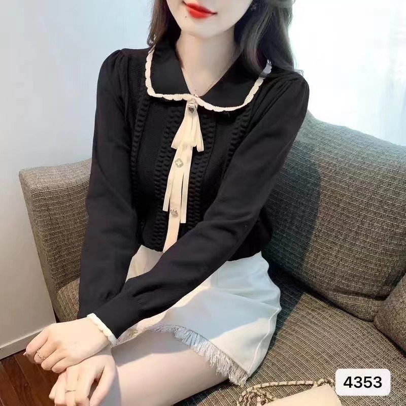 2023秋季新款打底蕾絲花邊娃娃領珍珠拼色氣質修身打底衫上衣女