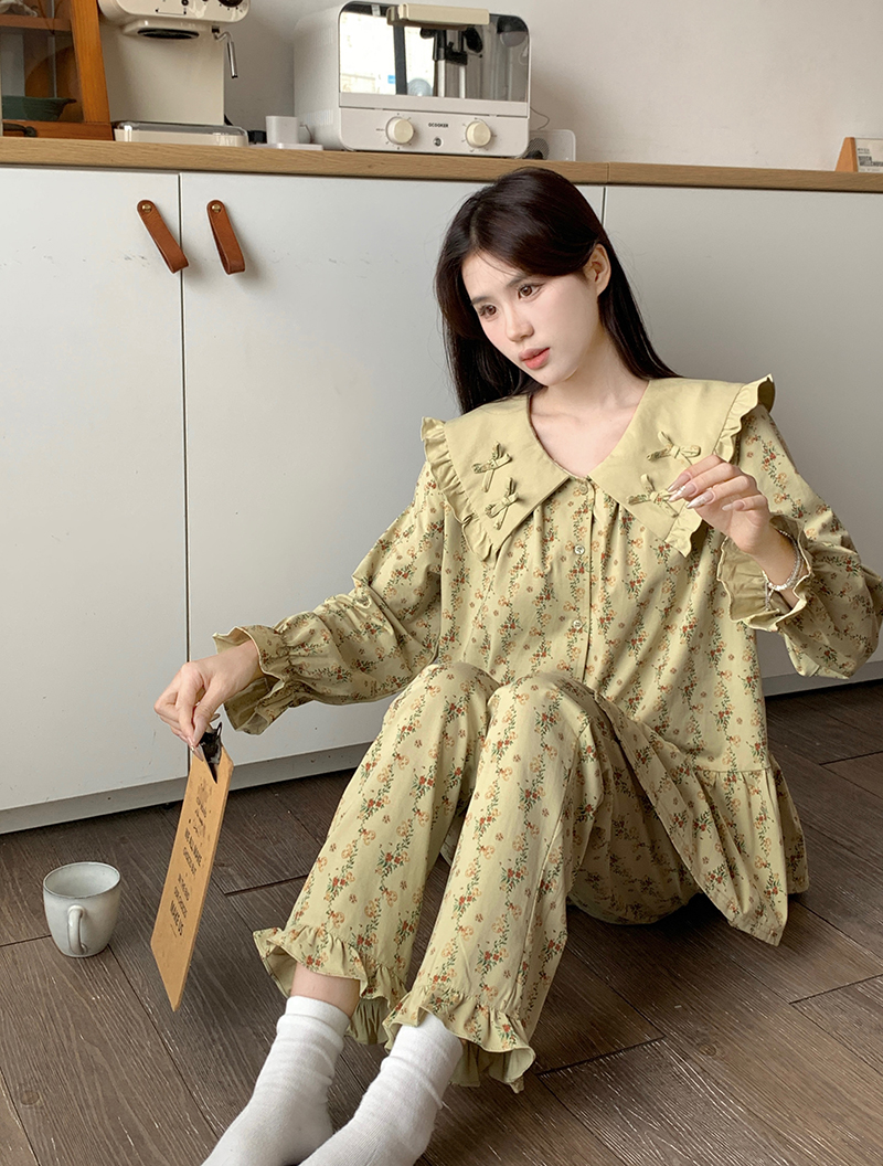 實拍 甜美可愛碎花長袖睡衣女公主風可外穿家居服兩件套