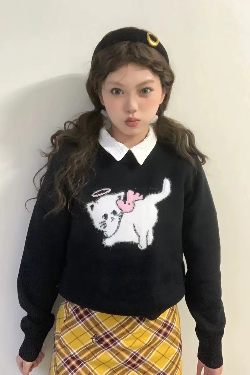 韓版可愛卡通貓咪設計感針織衫女2023早秋新款小眾慵懶風減齡上衣