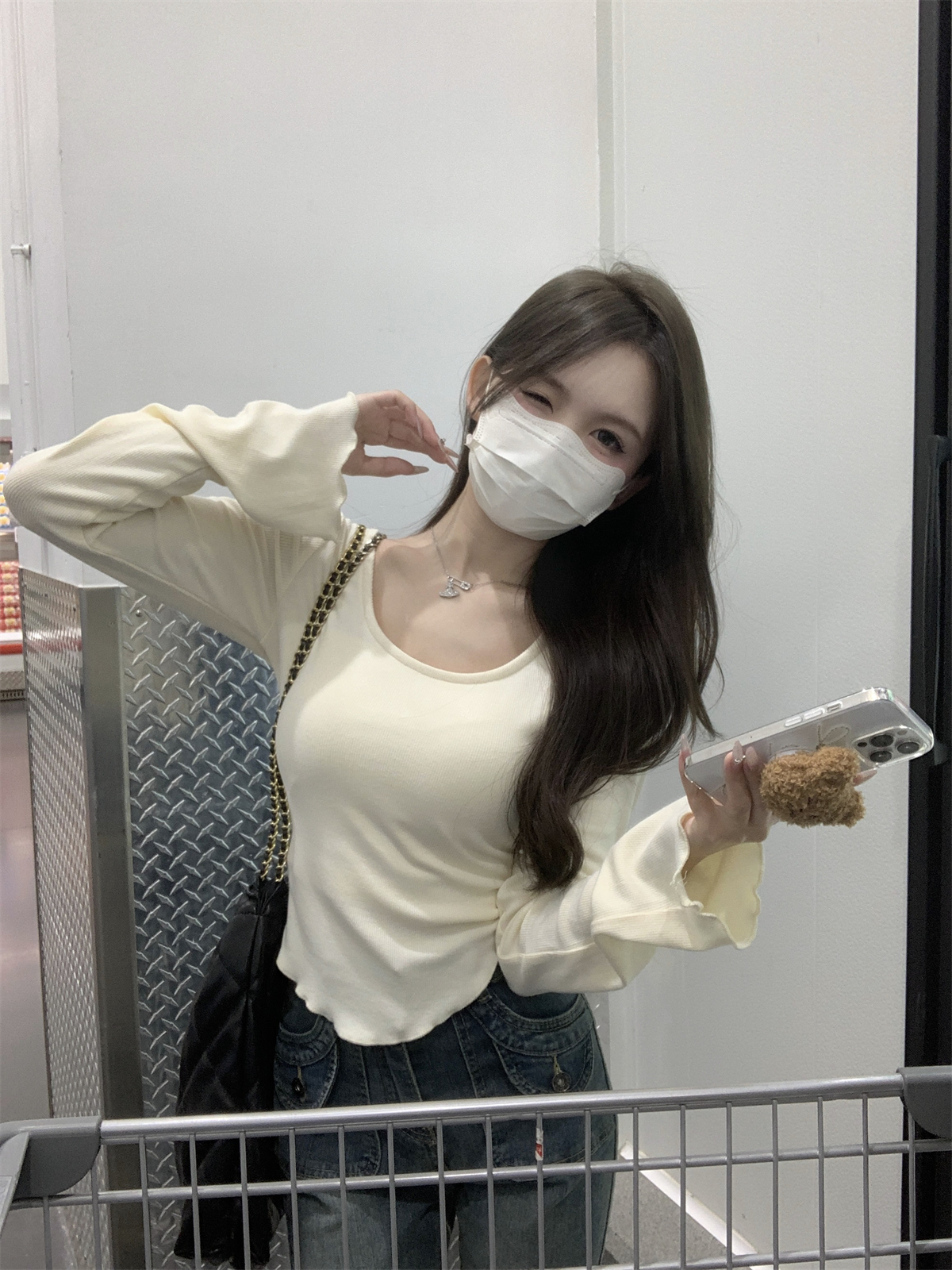 實拍 秋冬韓版修身U領木耳邊喇叭袖甜美內搭純棉長袖T恤上衣