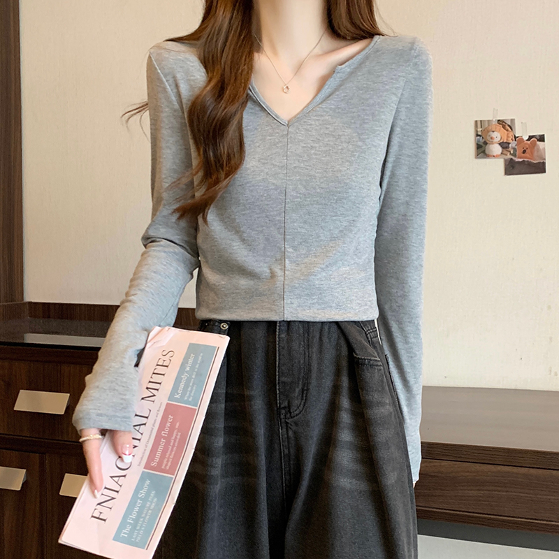 實拍 秋季韓版寬鬆200克人棉小V領純色外穿內搭打底衫長袖T恤女
