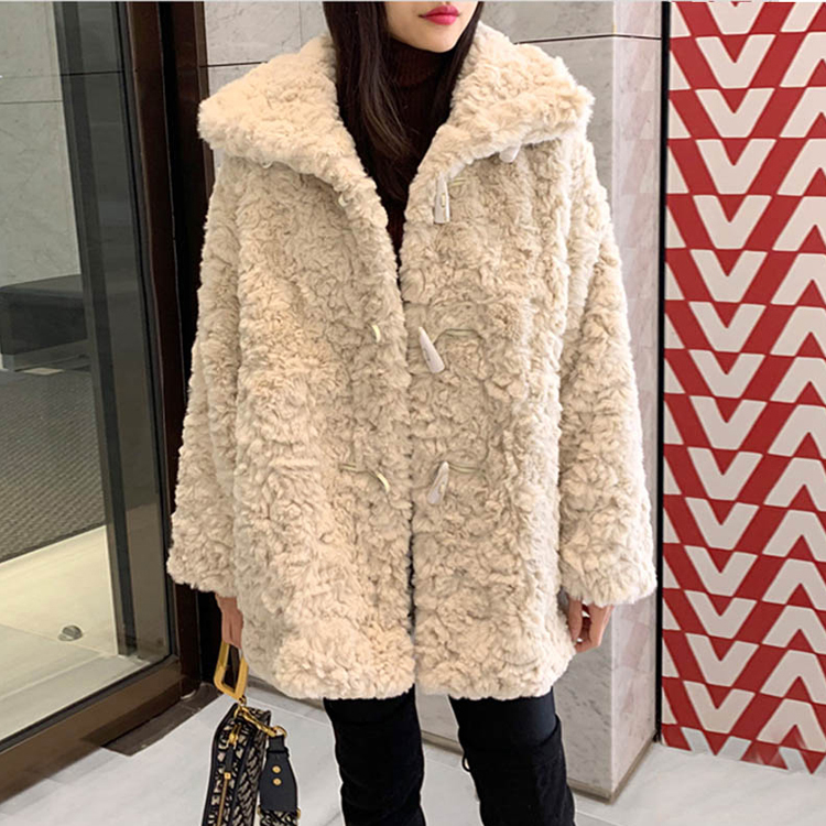2023 Korean new style winter lamb plush fur women's mid-length thickened horn button imitation rex rabbit fur coat