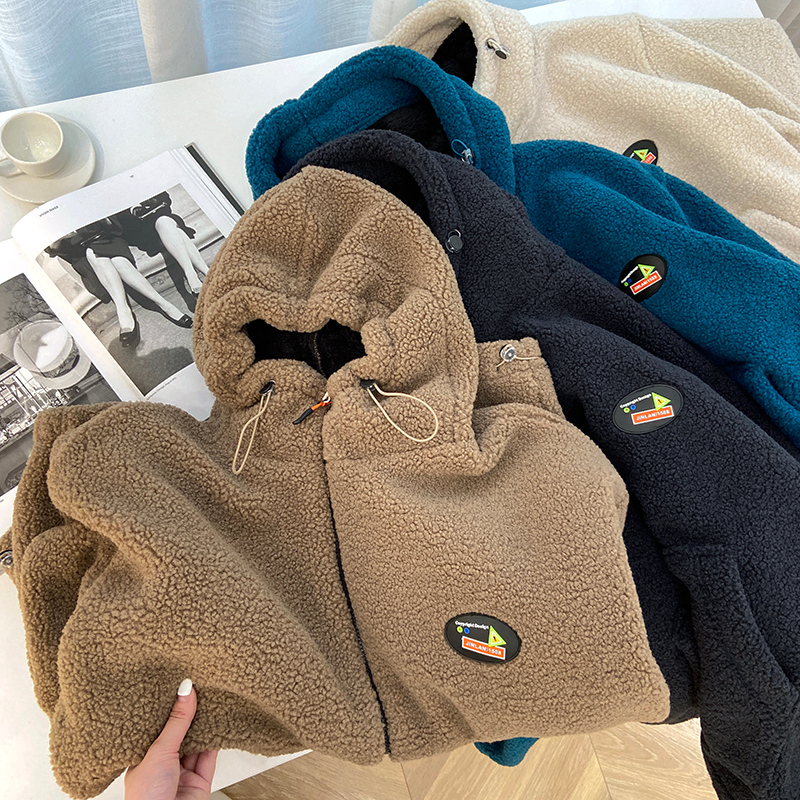 官圖羊羔絨連帽外套女貼標字母刺繡羊羔毛上衣潮