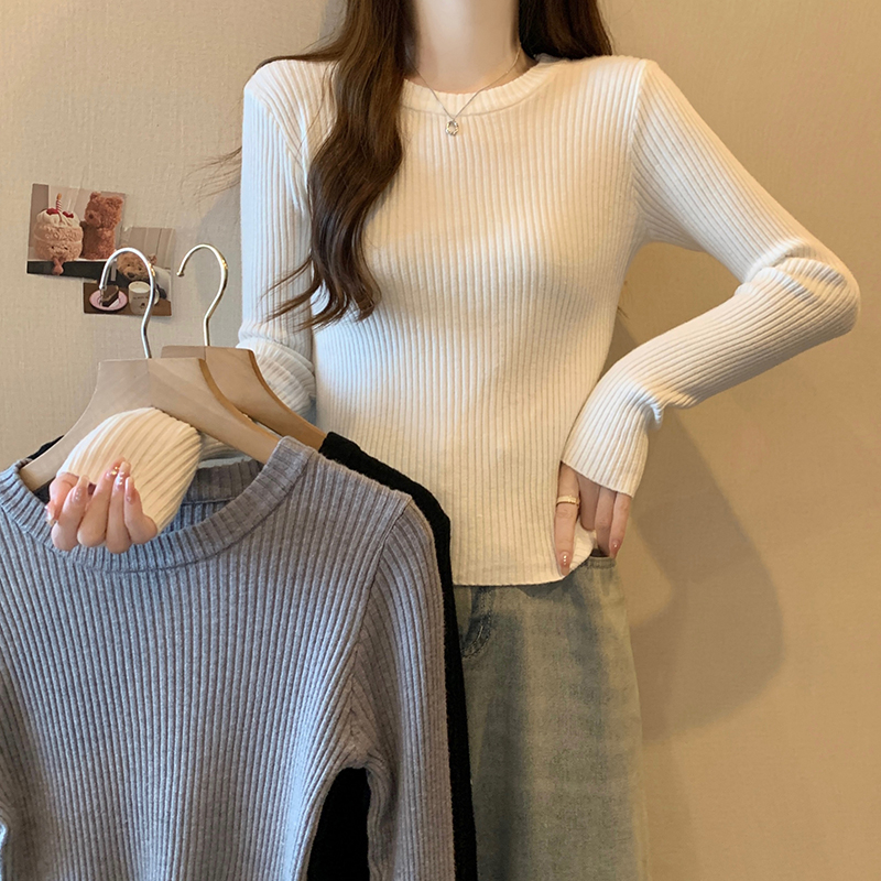 實拍 秋冬韓版寬鬆包芯紗圓領純色長袖上衣保暖針織衫毛衣女