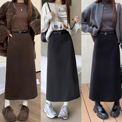 Actual shot ~ 2023 new autumn and winter Korean style slim and versatile woolen skirt commuting mid-length skirt with belt