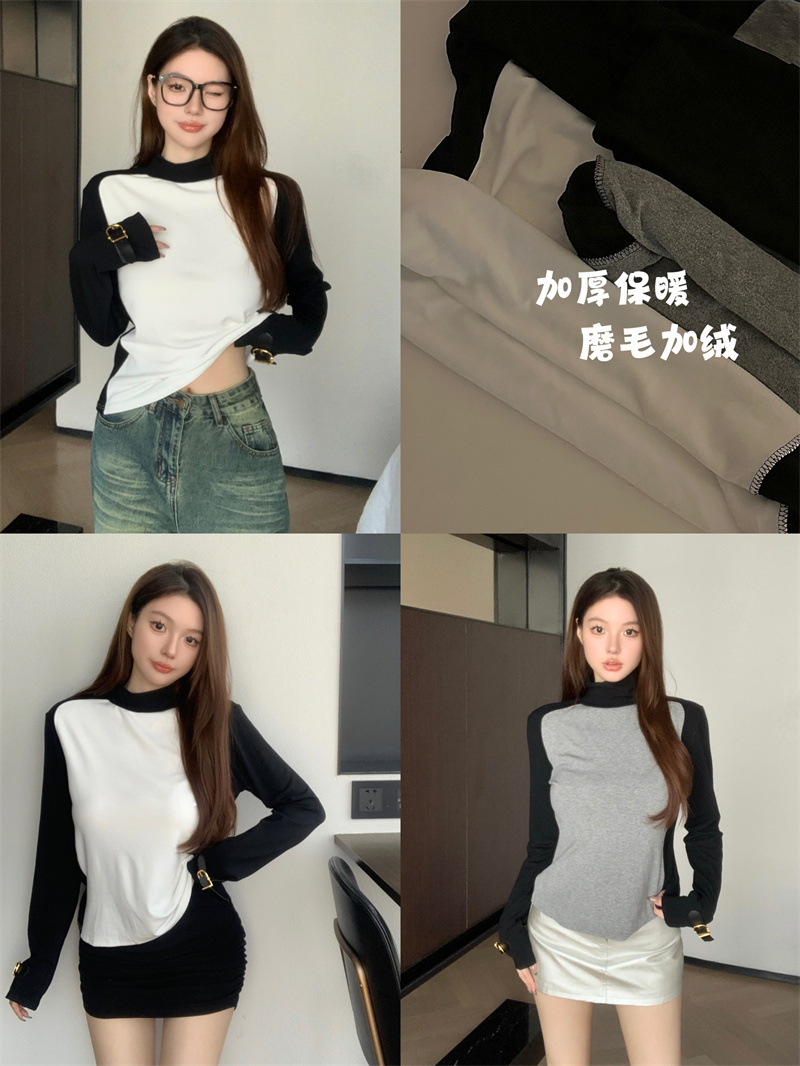 實拍  磨毛撞色T恤女秋季修身顯瘦打底衫內搭高領長袖上衣