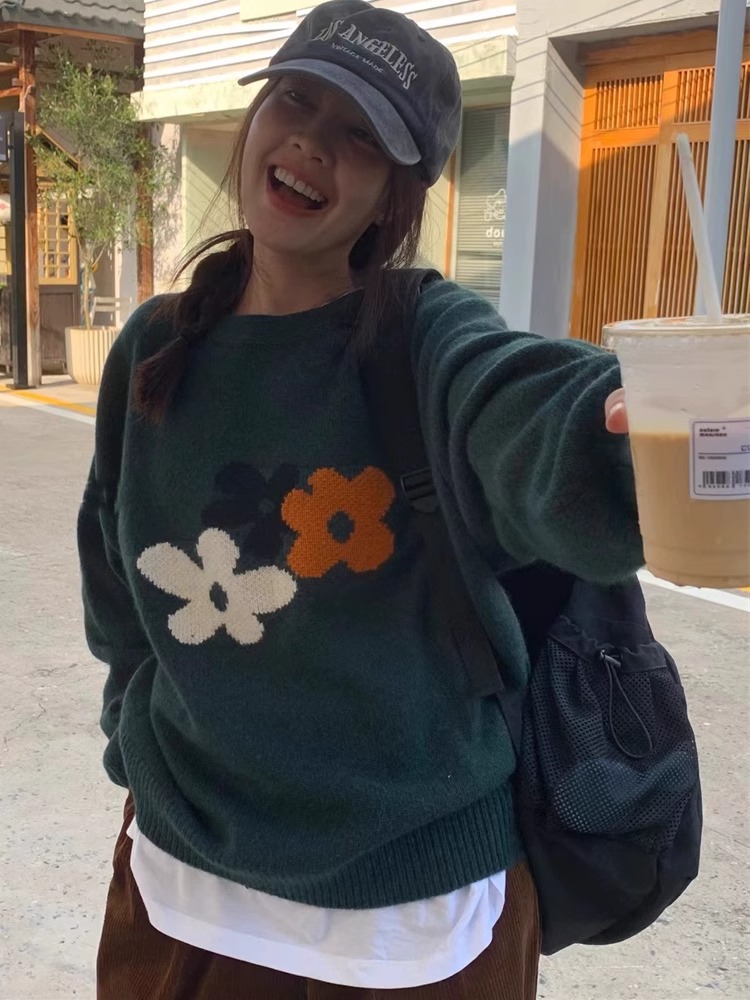 綿羊絨#23秋冬新款復古花朵圓領ins韓系高品寬鬆花朵針織衫套頭