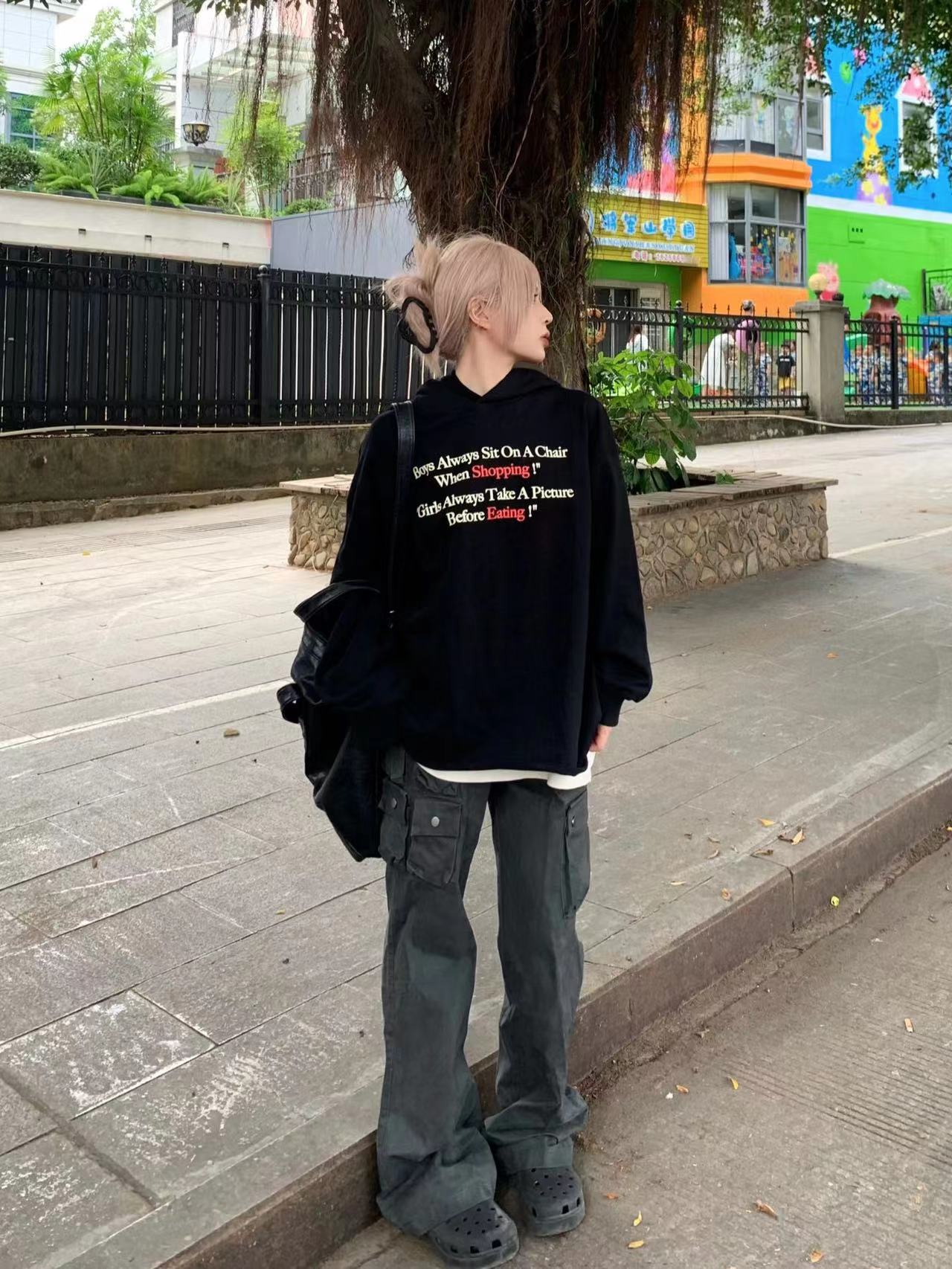 國潮美式黑色連帽衛衣女秋冬加絨加厚印花寬鬆長袖慵懶風套頭上衣