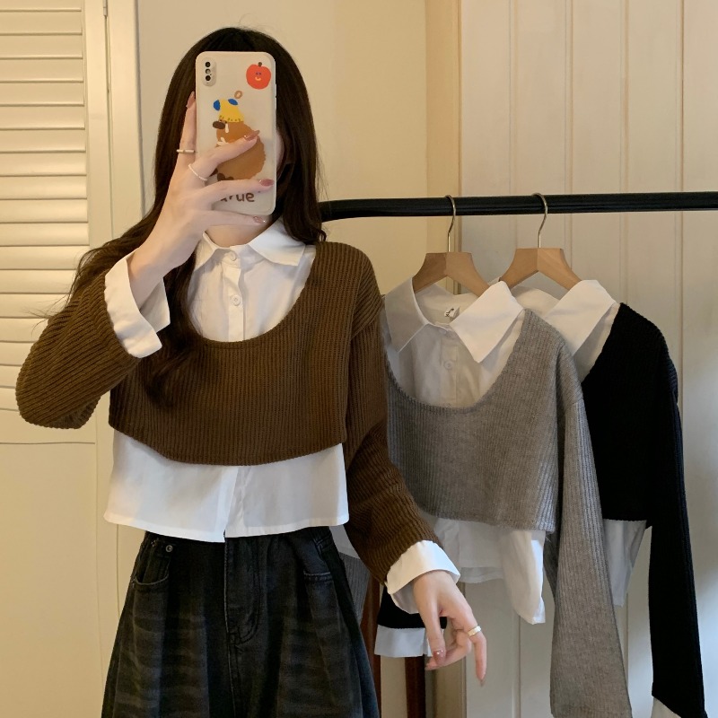 獨特設計感小眾假兩件短款針織上衣女秋冬法式別致長袖毛衣小個子