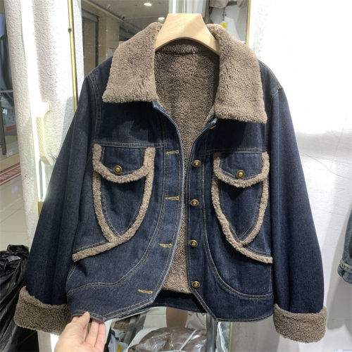 Lamb Fleece Warm Denim Jacket for Women Autumn/Winter  Fashion Casual Fleece Lined Thick Collar Top