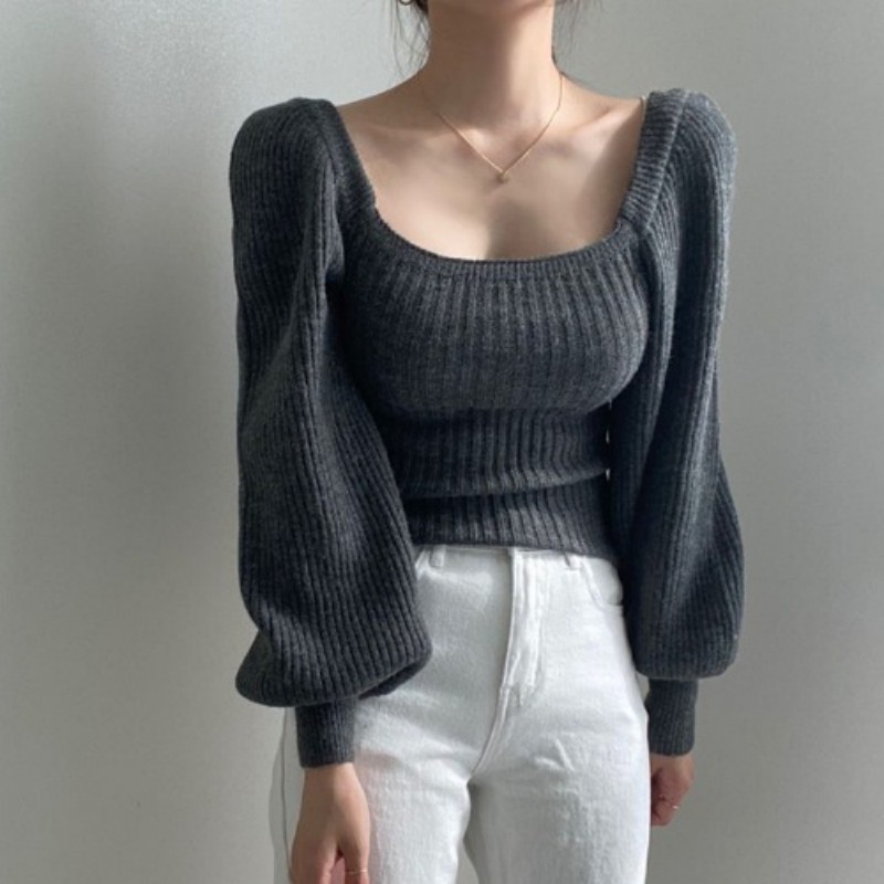 Retro temperament square neck puff sleeve solid color knitted top women's autumn and winter warm base long-sleeved slim waist sweater
