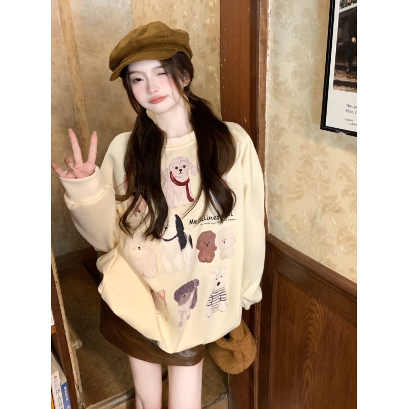秋冬加絨加厚寬鬆韓版圓領印花長袖衛衣女冬裝潮上衣
