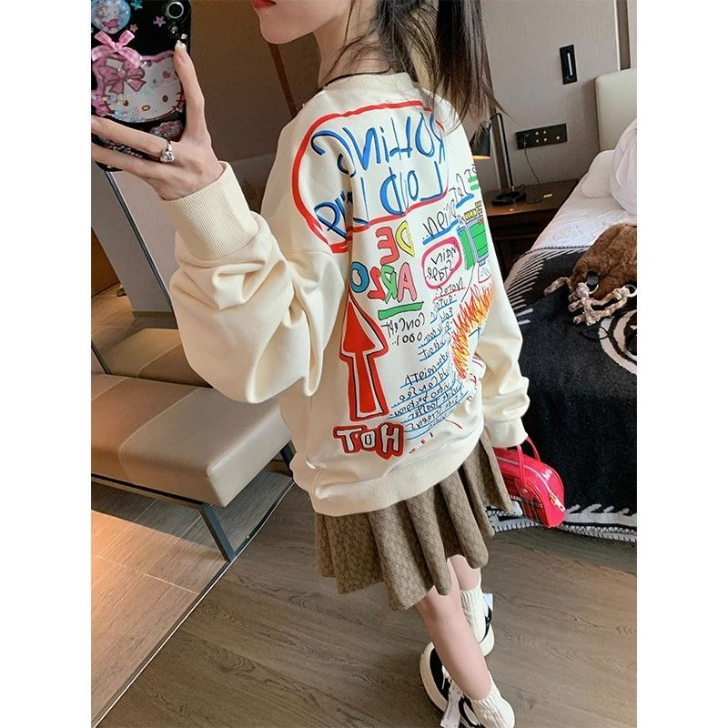 防棉華棉複合銀狐絨400克百搭圓領女秋冬高級感美式塗鴉上衣ins
