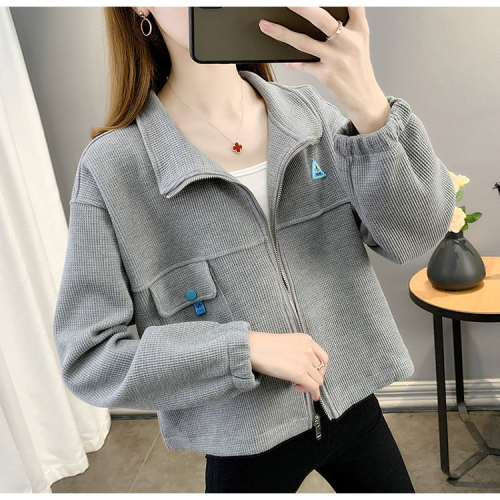 Autumn and winter coat women's polo collar casual loose zipper sweatshirt waffle