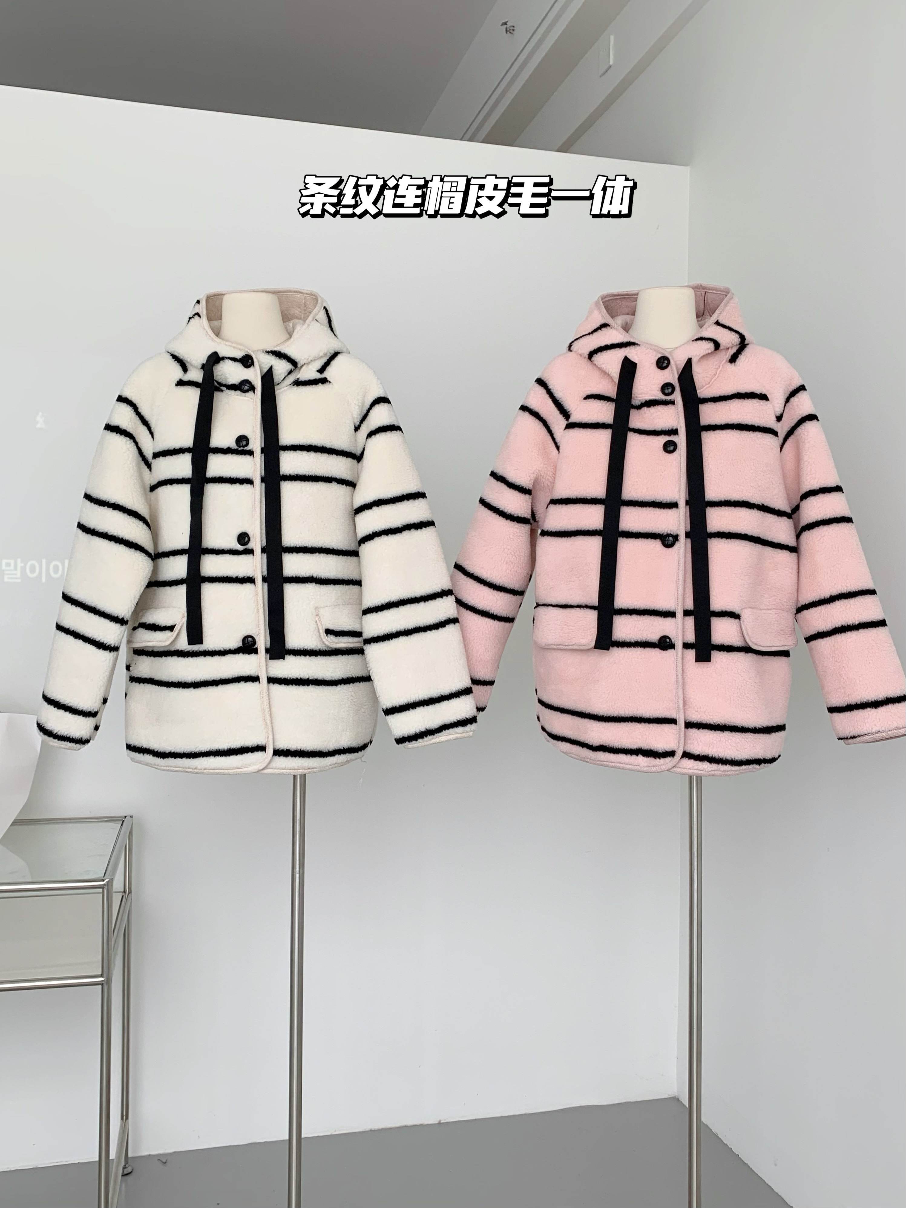 Winter new hooded imitation fur striped lamb fur all-in-one mid-length loose thick coat for women