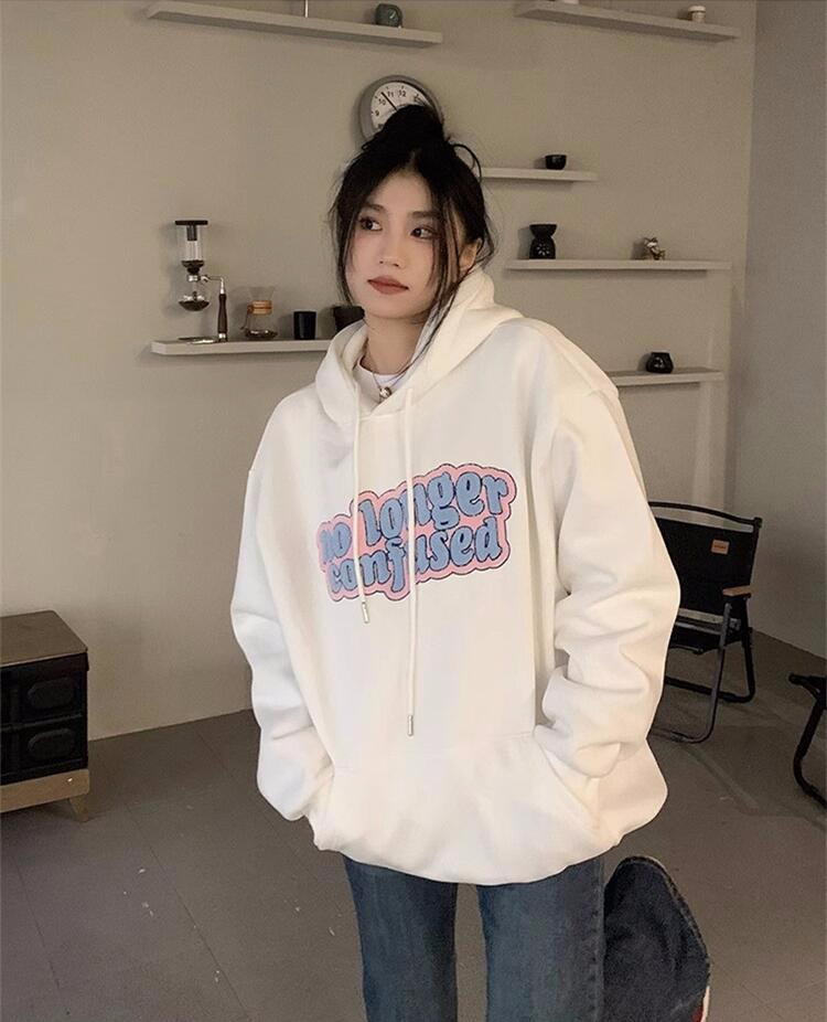 冬裝加絨加厚韓版寬鬆印花連帽衛衣女潮上衣