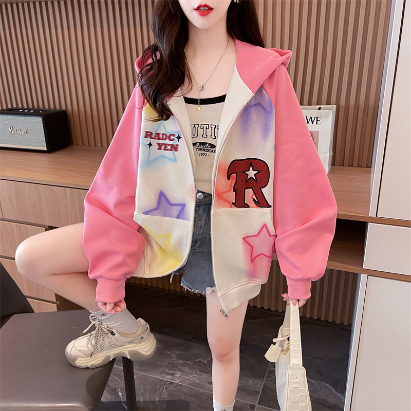 實拍 寬鬆連帽棒球服外套女春秋設計感小眾撞色拼接卡通印花開衫