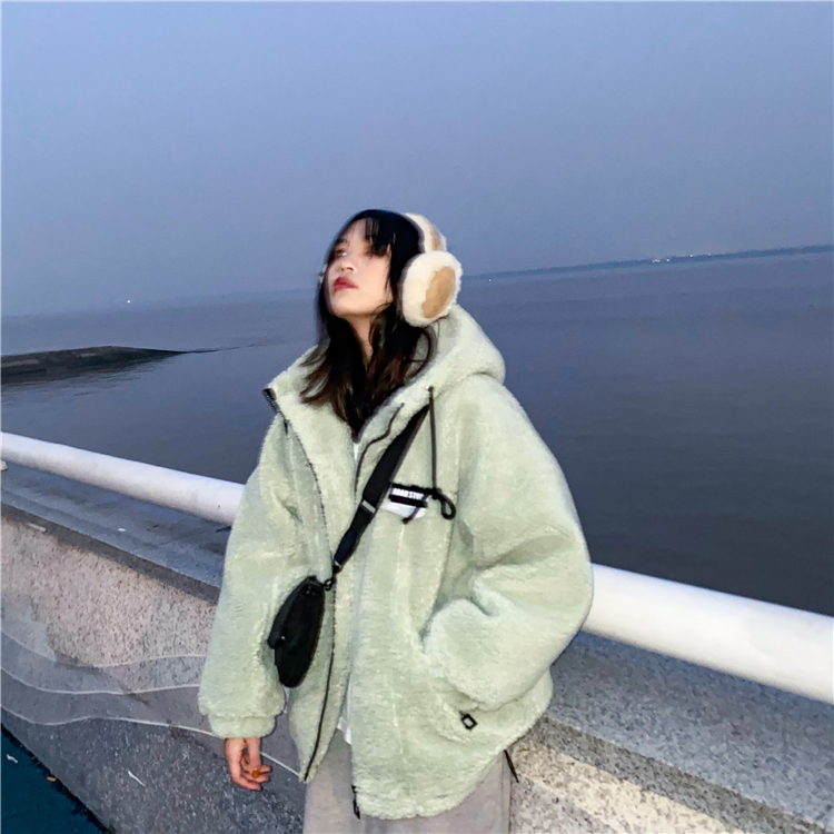有內里#外套女冬薄荷綠潮牌加厚羊羔絨棉服保暖新款毛絨棉衣