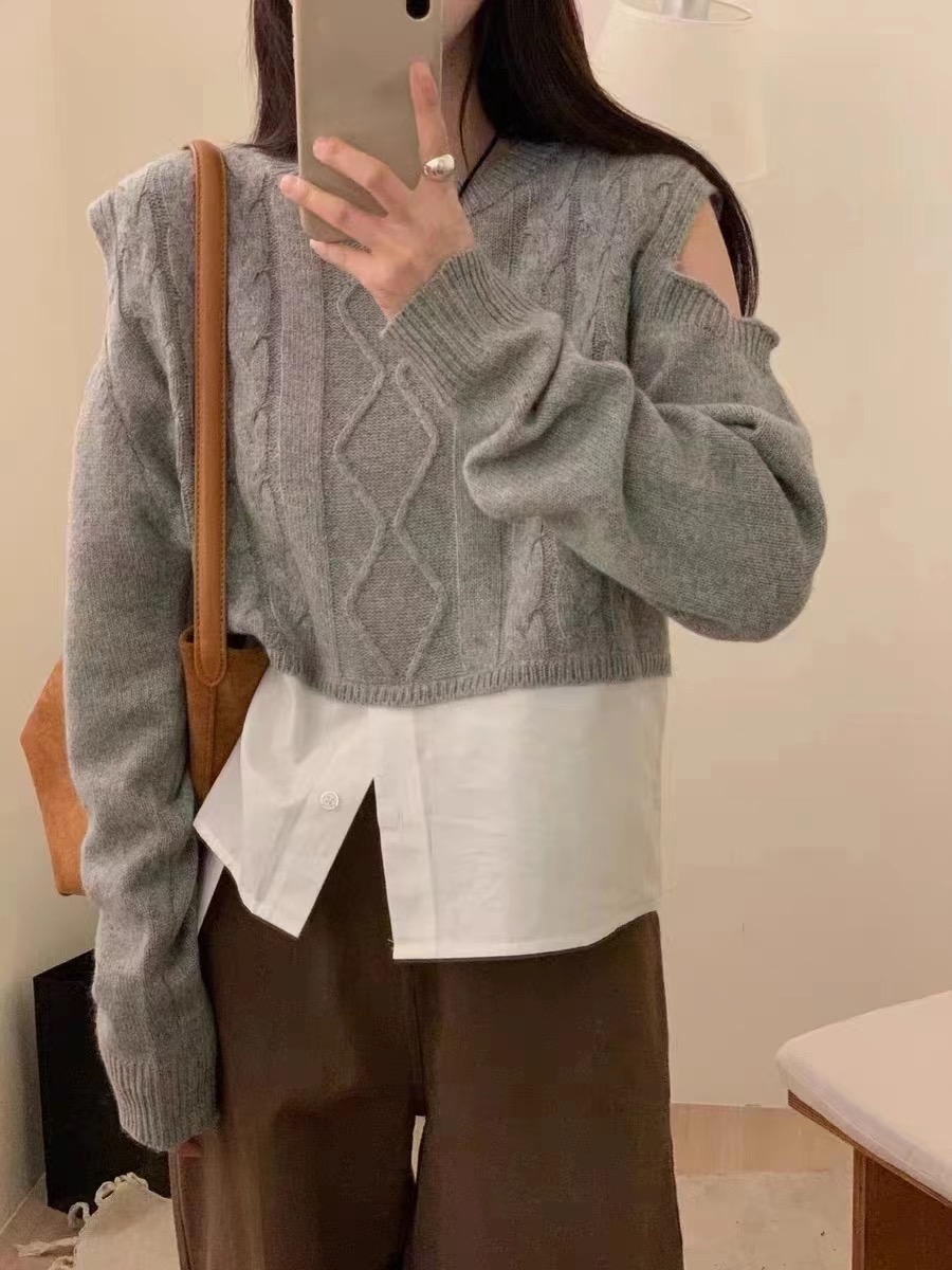 綿羊絨#高級感韓系假兩件圓領毛衣女秋冬季設計感氣質外穿露肩