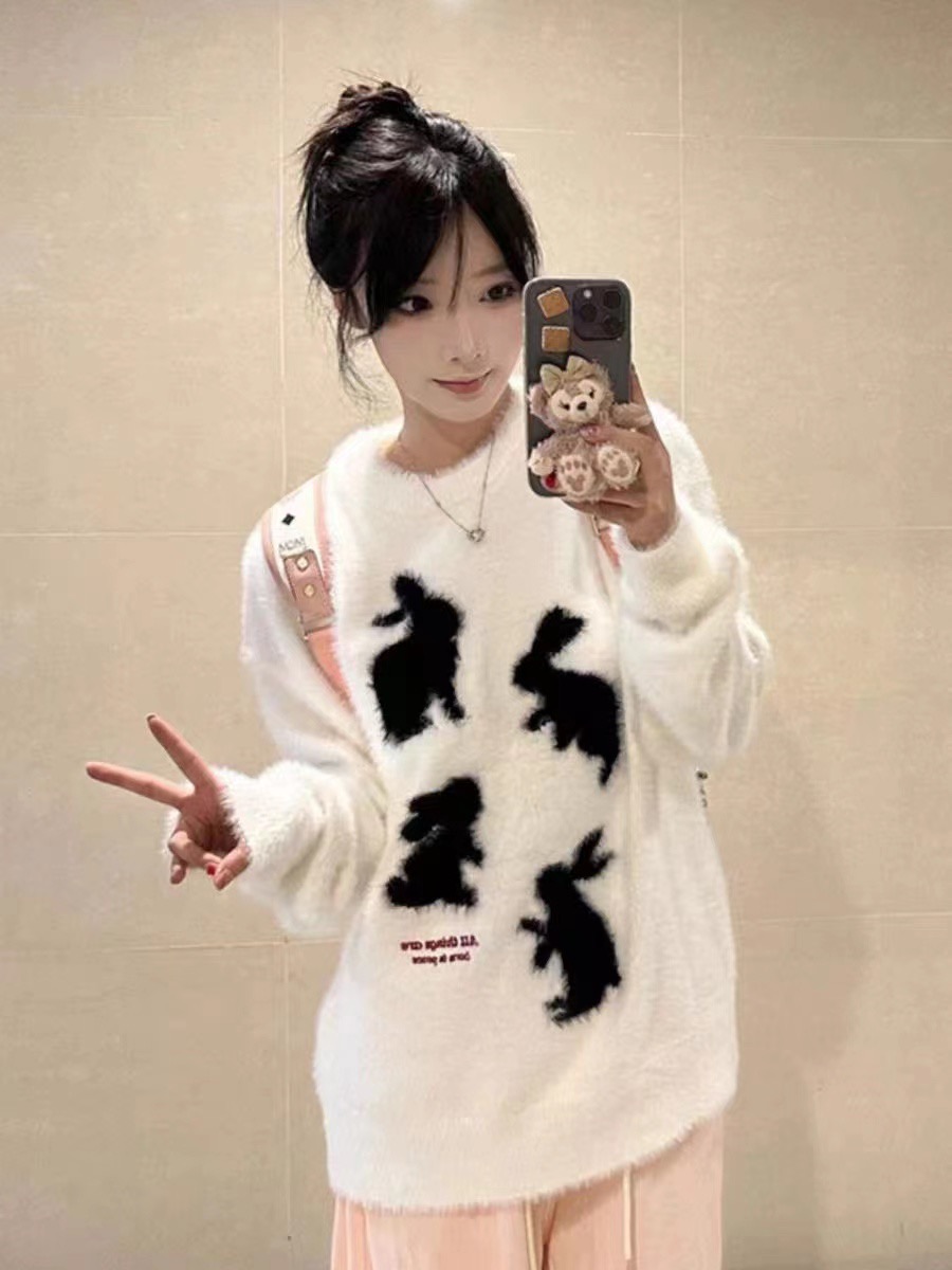 可愛兔子仿水貂毛套頭毛衣女裝秋冬寬鬆慵懶風軟糯針織衫長袖上衣