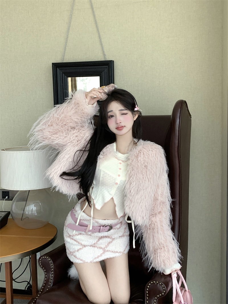 實拍巴黎香榭 秋冬季粉色辣妹短款毛絨絨外套長衫裙子套裝