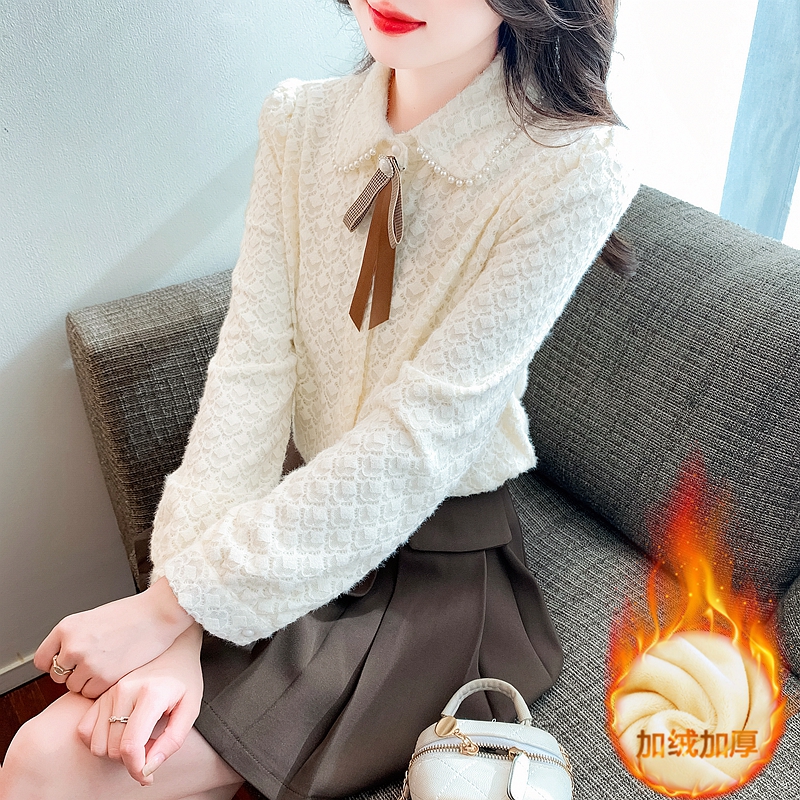 秋冬季蝴蝶結女士襯衫2023新款時尚洋氣小眾上衣法式蕾絲打底小衫