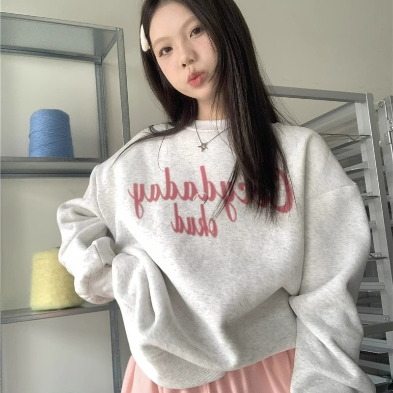 2023美式復古字母印花長袖衛衣女裝秋季寬鬆休閒簡約套頭上衣