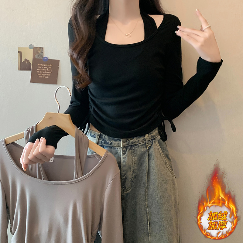 純欲正肩露鎖骨掛脖抽繩長袖t恤女打底衫2023新款設計感減齡上衣