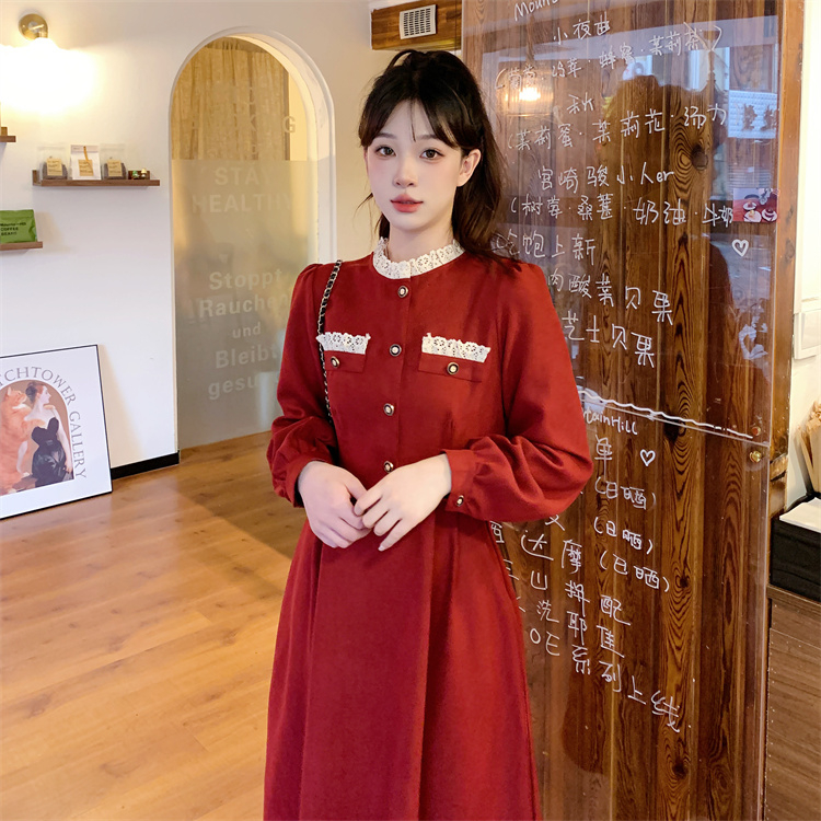 秋冬微胖妹妹MM法式氣質名媛別致赫本風收腰顯瘦紅色小香風連衣裙