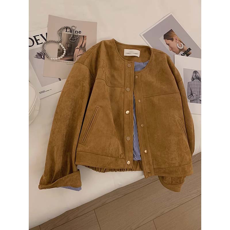 Official picture suede composite milk silk 2023 new retro jacket women's spring and autumn loose short jacket top
