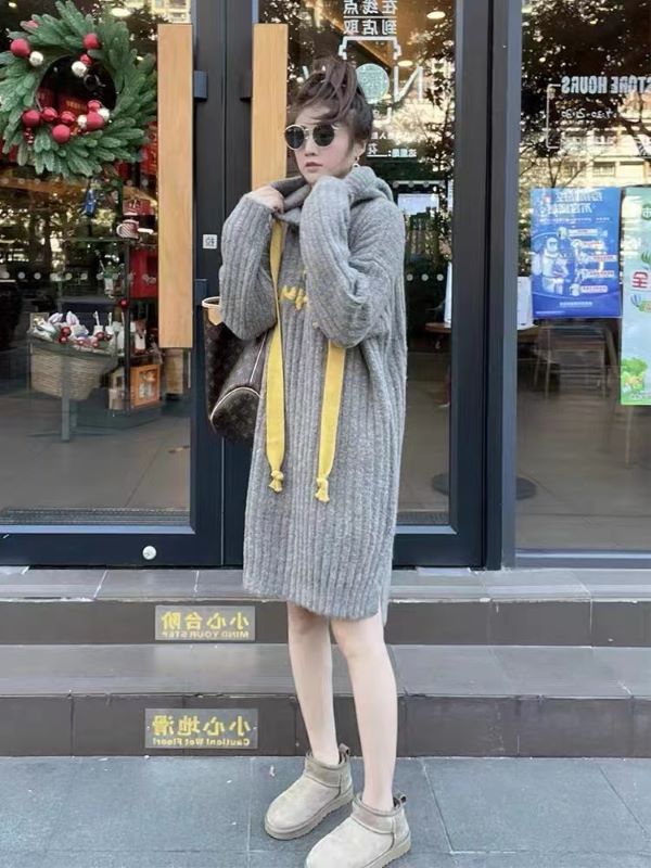 高級慵懶風毛衣裙女秋冬季中長款溫柔風小眾設計感連帽裙子