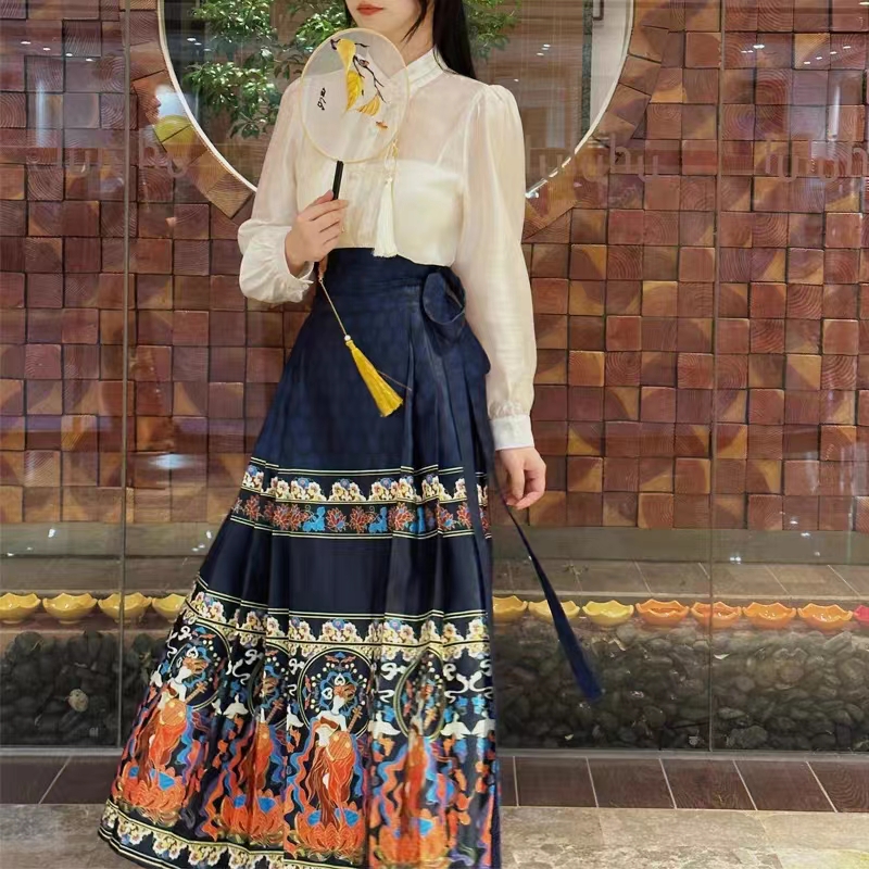 2023 Autumn New New Chinese Style Shirt Half-length Skirt Two-piece Set Popular This Year Horse Face Skirt Suit Hanfu Women