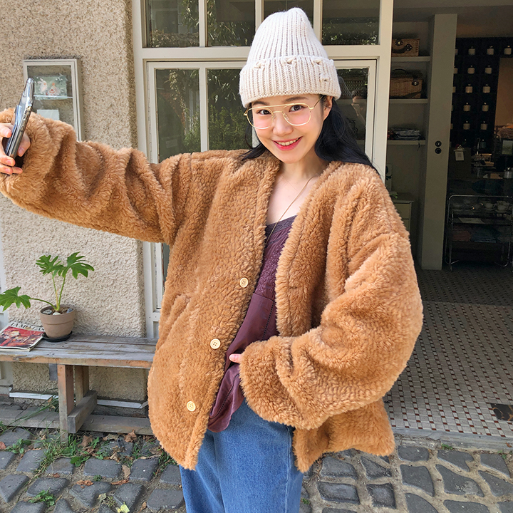 INS韓國東大門~冬季保暖夾棉羊羔毛軟糯舒適單排扣長袖棉服大衣