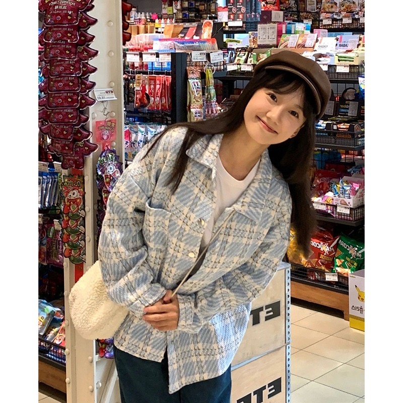 小香風藍色格子襯衫外套女春秋冬2023新款寬鬆潮牌小個子夾克上衣