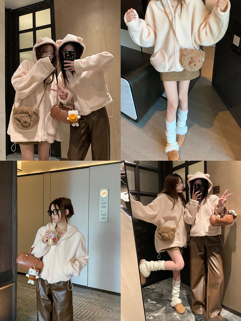 Real shot of hooded lambswool jacket for women, fashionable fur top + gray cartoon three-dimensional cat knitted pants