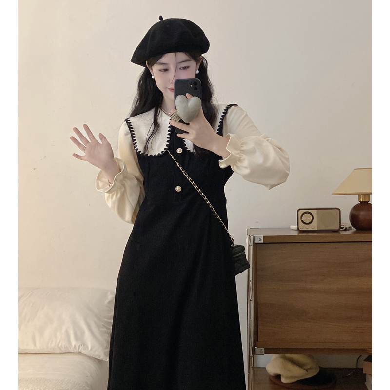 實拍燈芯絨大碼法式娃娃領連衣裙女假兩件胖mm收腰顯瘦復古裙