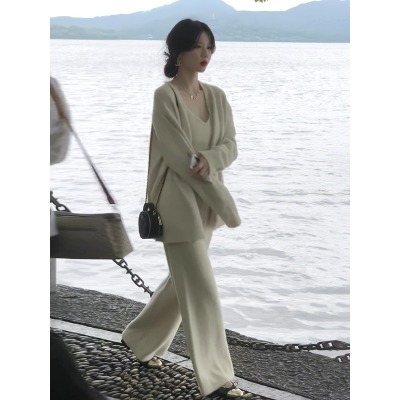 韓版時尚針織套裝女2023春秋新款吊帶背心+高腰鬆緊闊腿褲三件套
