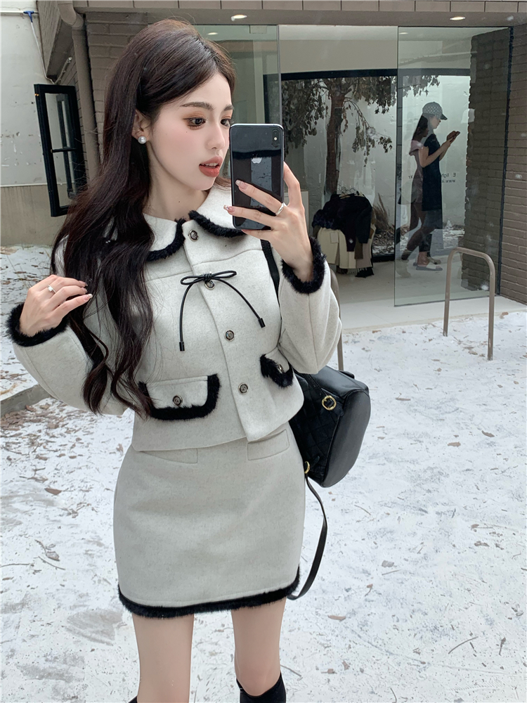 Real shot of small fragrant style stitching contrasting short long-sleeved woolen jacket and skirt two-piece set
