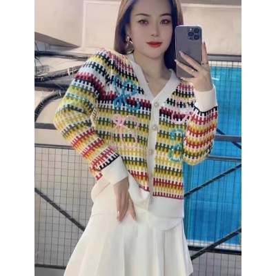 馬卡龍色彩虹針織開衫女V領早秋新款毛衣外套