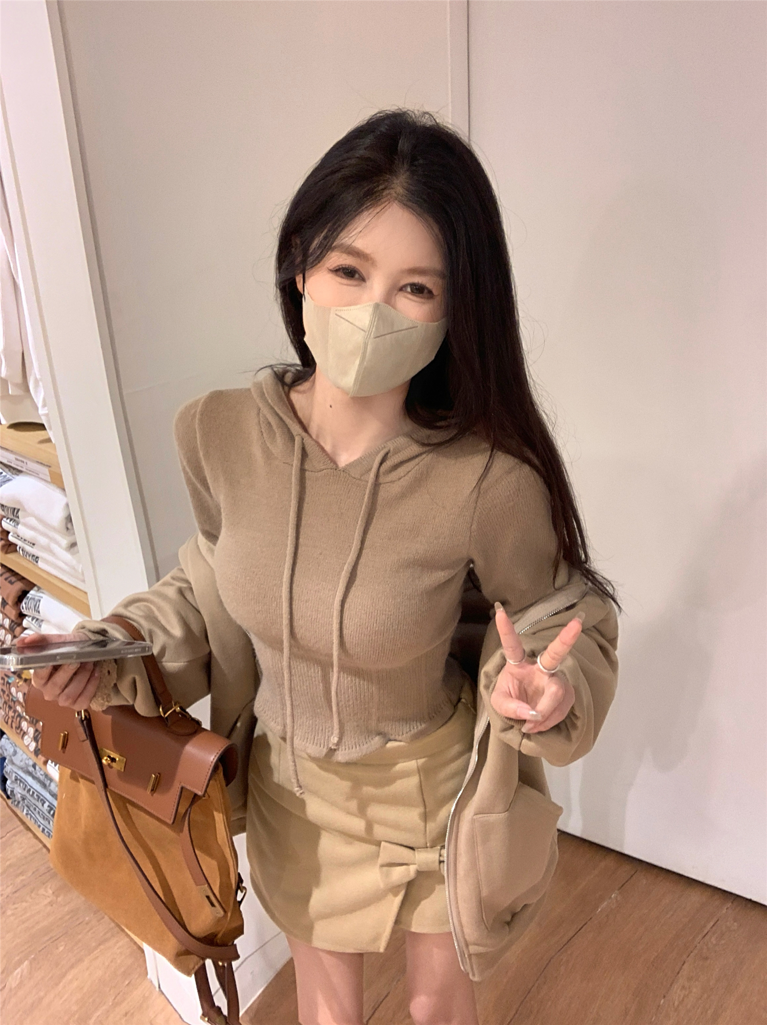 實拍~戀冬加厚連帽衛衣外套+毛織連帽上衣+不規則毛呢小裙褲