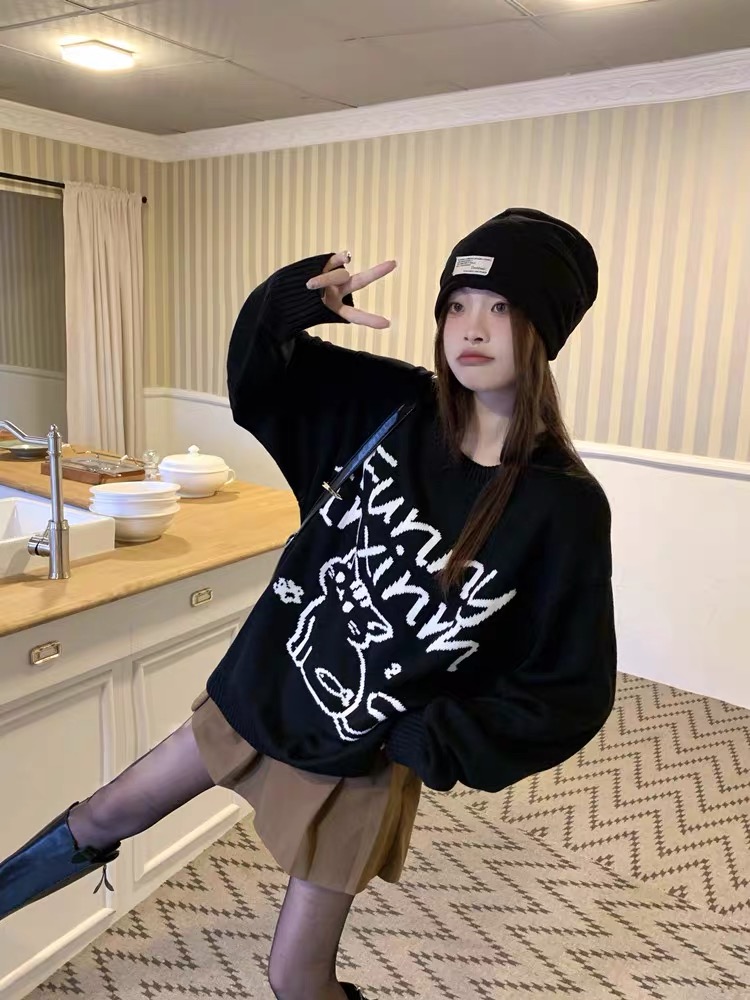 INXINRN國潮冬季卡通小貓毛衣男女情侶外套圓領套頭針織打底衫