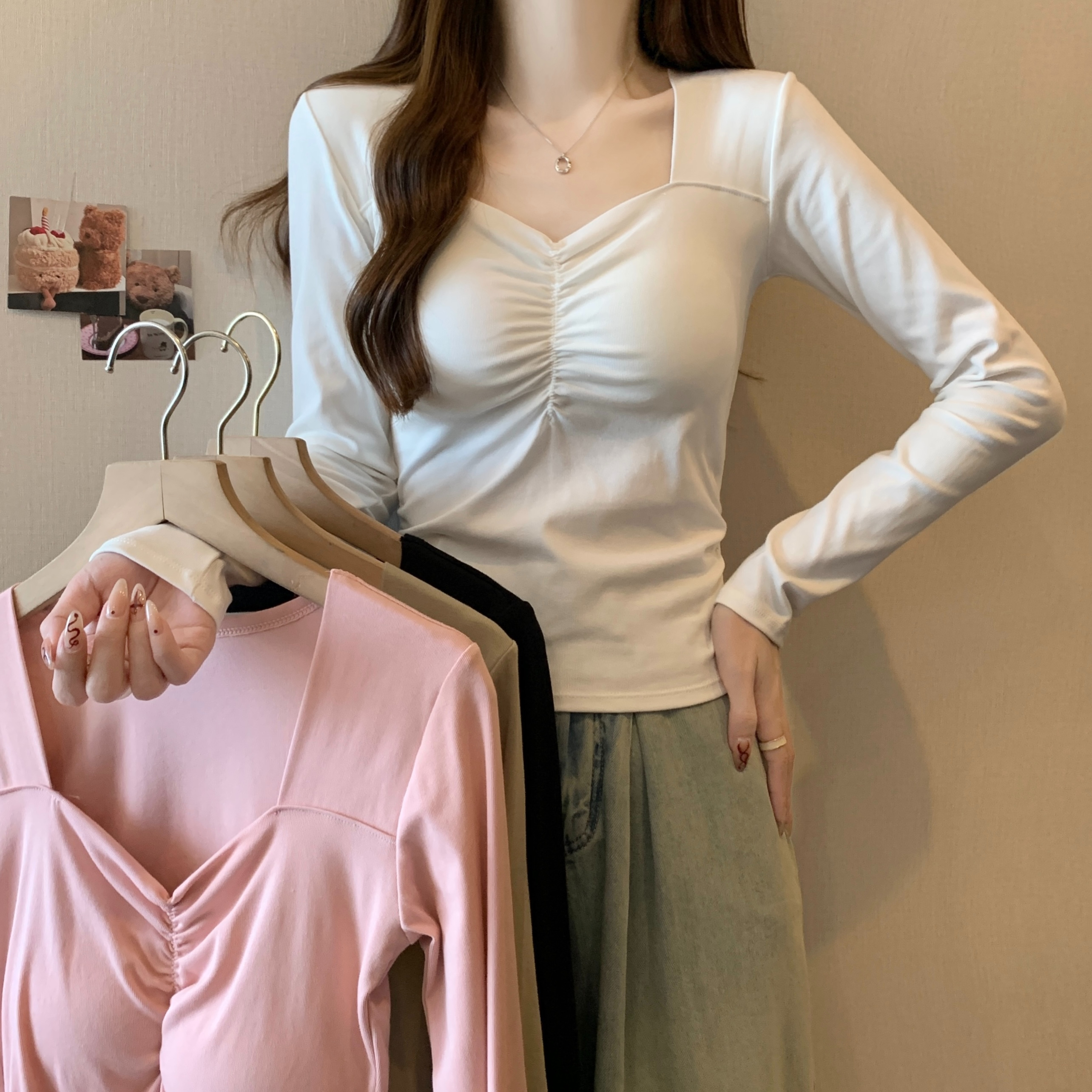 實拍 帶胸墊打底衫長袖t恤女修身顯瘦內搭上衣秋冬季2023新款